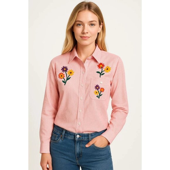 Get Lucky Vintage Embroidered Boyfriend Shirt Red Stripe Floral Western Sz M - Picture 1 of 9
